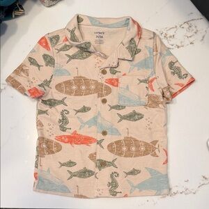 Carter's Beige Short-Sleeve Button-Up with Multi Sea Creature Print